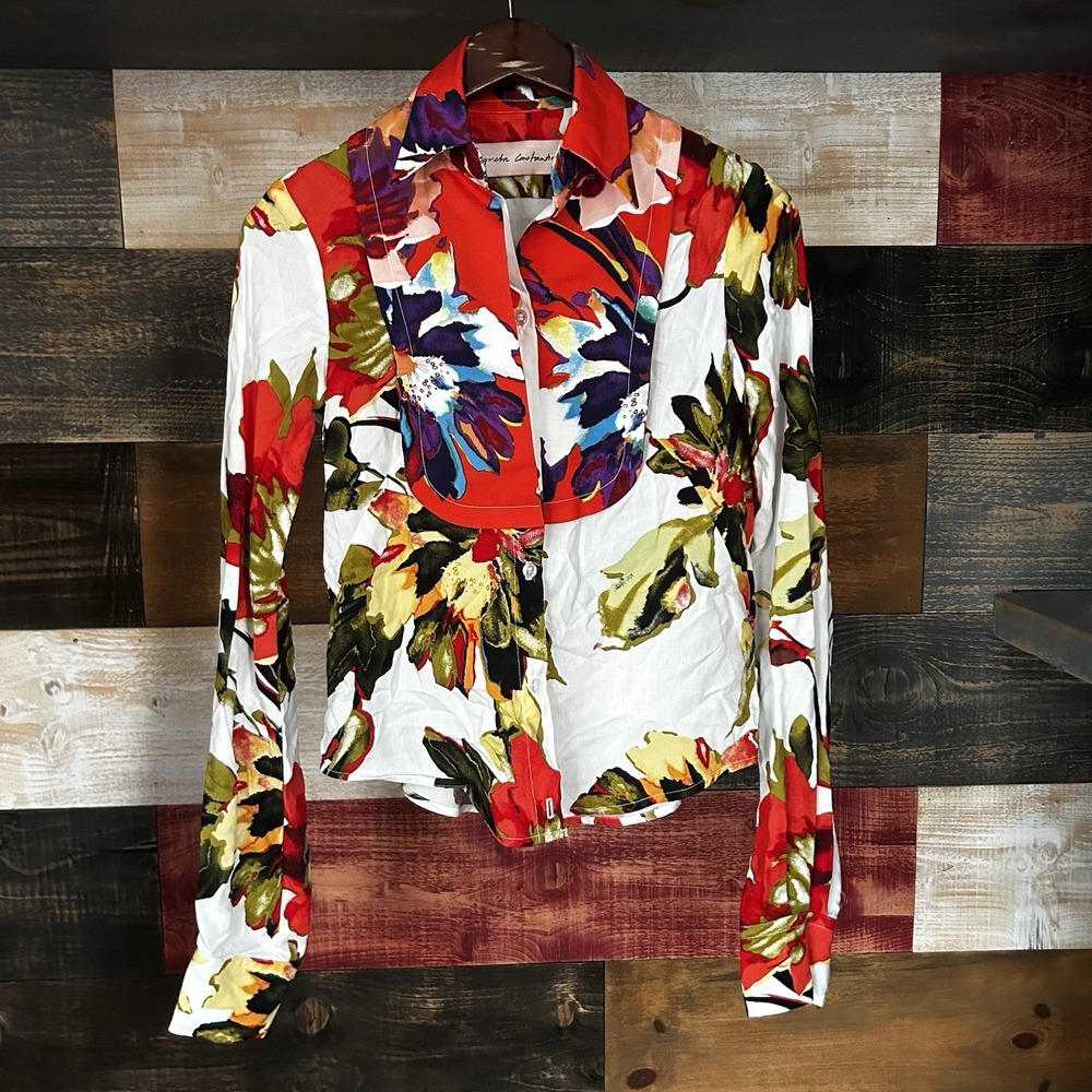 Greta Constantine Floral Blouse Dress Shirt Tadros Rayon Size Small